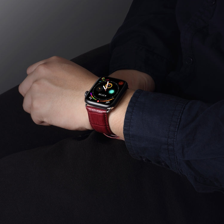 Denior Crocodile Grain Watch Cowhide Leather Watch Band for Apple Watch Ultra 49mm&Watch Ultra 2 49mm / Series 10 46mm / 9&8&7 45mm / SE 3&SE 2&6&SE&5&4 44mm / 3&2&1 42mm (Dark Red) - free shipping - PMC Jewellery - Order now!