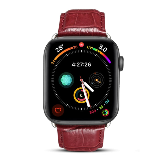 Denior Crocodile Grain Watch Cowhide Leather Watch Band for Apple Watch Ultra 49mm&Watch Ultra 2 49mm / Series 10 46mm / 9&8&7 45mm / SE 3&SE 2&6&SE&5&4 44mm / 3&2&1 42mm (Dark Red)