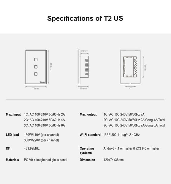 Sonoff T2 Touch 120mm Tempered Glass Panel Wall Switch Smart Home Light Touch Switch, Compatible with Alexa and Google Home, AC 100V-240V, US Plug
