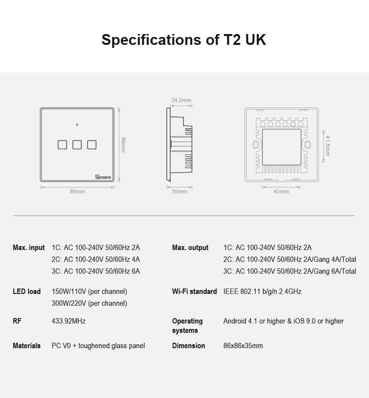 Sonoff T2 Touch 86mm Tempered Glass Panel Wall Switch Smart Home Light Touch Switch, Compatible with Alexa and Google Home, AC 100V-240V, UK Plug - Smart Switch by PMC TechLife | Online Shopping South Africa | PMC TechLife