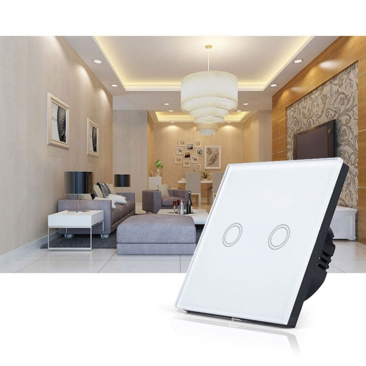 86mm 2 Gang Tempered Glass Panel Wall Switch Smart Home Light Touch Switch with RF433 Remote Controller, AC 110V-240V(Gold)
