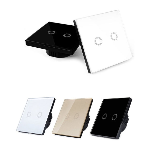 86mm 2 Gang Tempered Glass Panel Wall Switch Smart Home Light Touch Switch with RF433 Remote Controller, AC 110V-240V(White)
