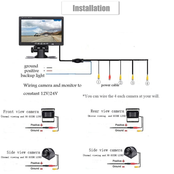 K0164 7 inch HD Car 18 IR Night Vision Rear View Backup Four Cameras Rearview Monitor