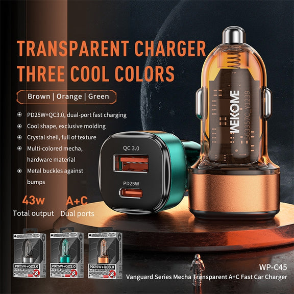 WK WP-C45 Vanguard Series Mecha Transparent USB+Type-C Fast Car Charger (Green)