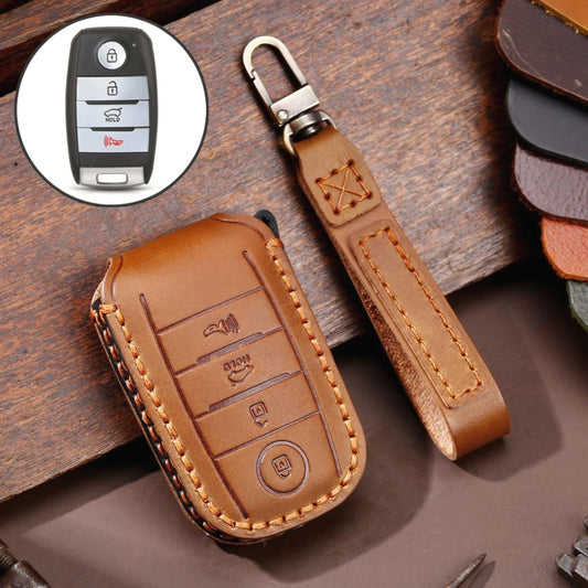 For Kia C133 4-button Hallmo Car Cowhide Leather Key Protective Cover Key Case(Brown) - Car Key Cases by Hallmo | Online Shopping South Africa | PMC Jewellery | Buy Now Pay Later Mobicred