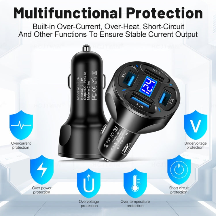 WGS-G36 3.1A 4 in 1 Digital Display Car Charger with Voltmeter (White)