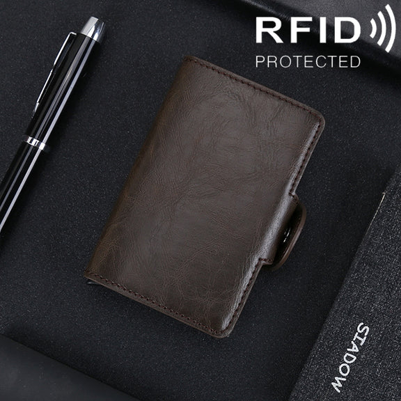 X-7 Antimagnetic RFID  Multi-functional Aluminum Crazy Horse Texture Leather Card Bag Wallet(Coffee)