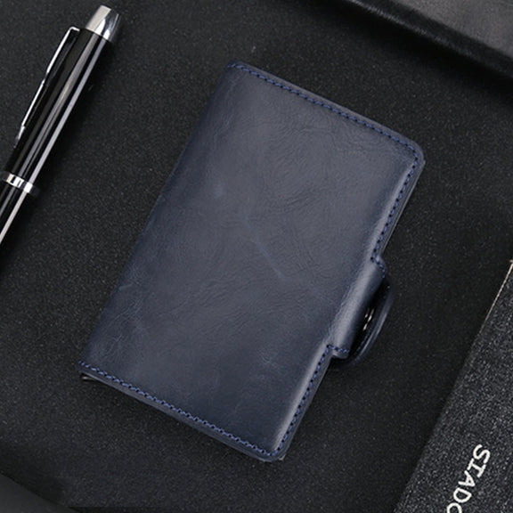 X-7 Antimagnetic RFID  Multi-functional Aluminum Crazy Horse Texture Leather Card Bag Wallet(Dark Blue)