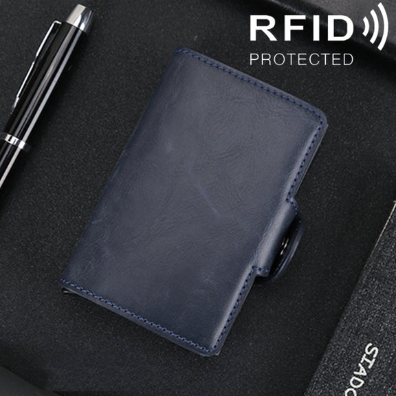 X-7 Antimagnetic RFID  Multi-functional Aluminum Crazy Horse Texture Leather Card Bag Wallet(Dark Blue)