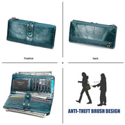 3520 Long Cowhide Leather Folding Anti-magnetic RFID Wallet for Ladies, with Card Slots(Blue)