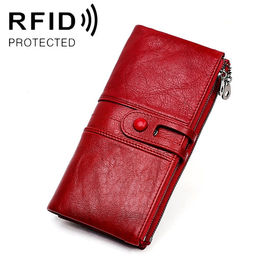 3520 Long Cowhide Leather Folding Anti-magnetic RFID Wallet for Ladies, with Card Slots(Red) - free shipping - PMC Jewellery - Order now!