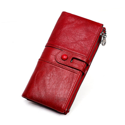 3520 Long Cowhide Leather Folding Anti-magnetic RFID Wallet for Ladies, with Card Slots(Red) - free shipping - PMC Jewellery - Order now!