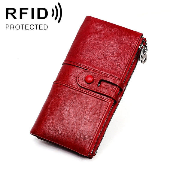 3520 Long Cowhide Leather Folding Anti-magnetic RFID Wallet for Ladies, with Card Slots(Red)