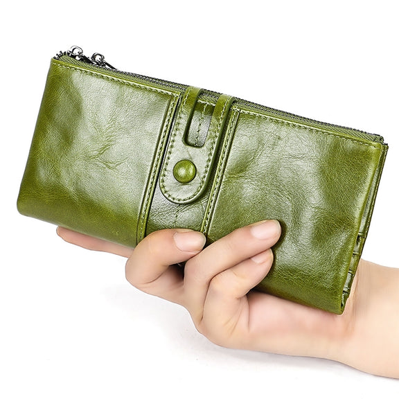 3520 Long Cowhide Leather Folding Anti-magnetic RFID Wallet for Ladies, with Card Slots(Red)