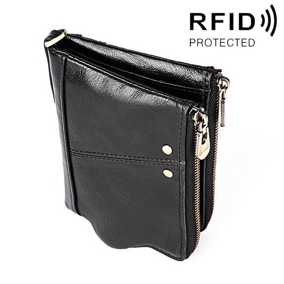 3533 Long Crazy Horse Texture Cowhide Leather Folding Anti-magnetic RFID Wallet Clutch Bag for Men, with Card Slots(Black)