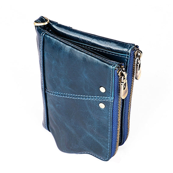 3533 Long Crazy Horse Texture Cowhide Leather Folding Anti-magnetic RFID Wallet Clutch Bag for Men, with Card Slots(Blue)