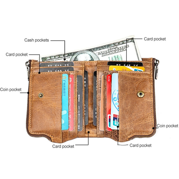 LT3533 Long Crazy Horse Texture Cowhide Leather Folding Anti-magnetic RFID Wallet Clutch Bag for Men, with Card Slots & Shoulder Strap(Coffee)