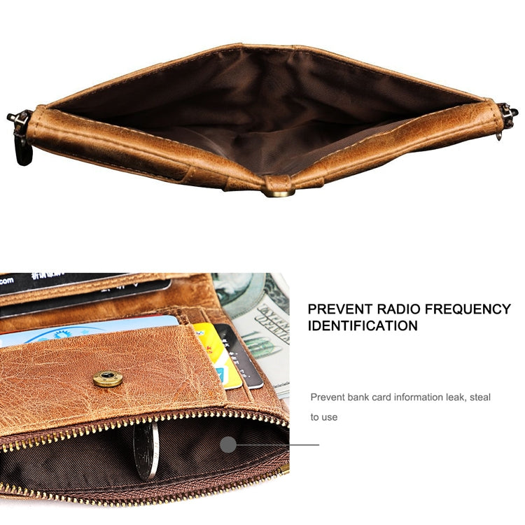 LT3533 Long Crazy Horse Texture Cowhide Leather Folding Anti-magnetic RFID Wallet Clutch Bag for Men, with Card Slots & Shoulder Strap(Coffee)