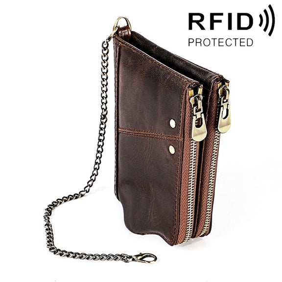 LT3533 Long Crazy Horse Texture Cowhide Leather Folding Anti-magnetic RFID Wallet Clutch Bag for Men, with Card Slots & Shoulder Strap(Coffee)