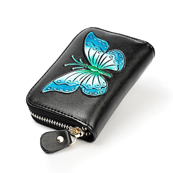 KB152 Butterfly Pattern Zipper Cowhide Leather Organ Shape Multiple Card Slots Anti-magnetic RFID Wallet for Ladies(Blue)