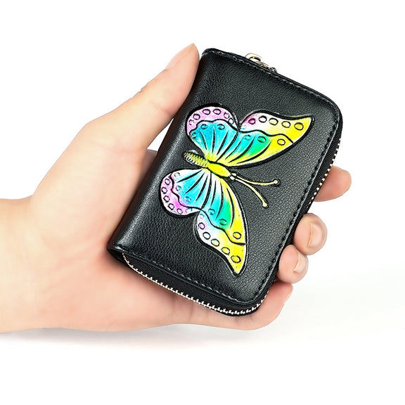 KB152 Butterfly Pattern Zipper Cowhide Leather Organ Shape Multiple Card Slots Anti-magnetic RFID Wallet for Ladies(Blue)