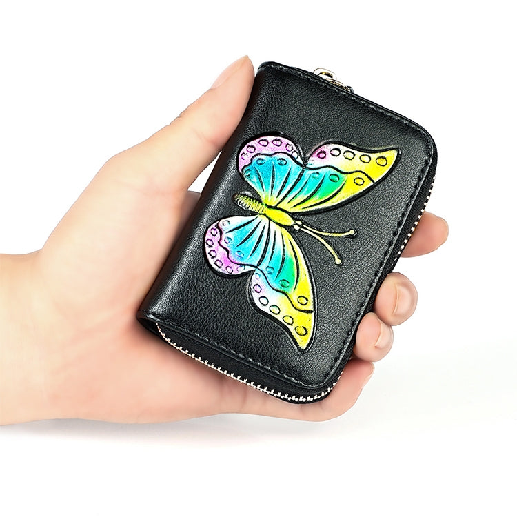 KB152 Butterfly Pattern Zipper Cowhide Leather Organ Shape Multiple Card Slots Anti-magnetic RFID Wallet for Ladies(Blue)