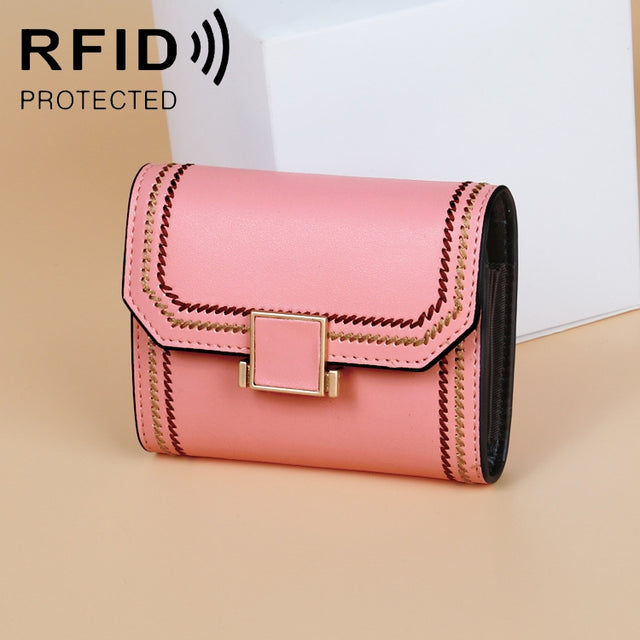 KB190 Cover Type Snap Button Cowhide Leather Organ Shape Multiple Card Slots Anti-magnetic RFID Wallet for Ladies(Pink)