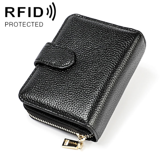 KB192 Buckle Zipper Cowhide Leather Organ Shape Multiple Card Slots Anti-magnetic RFID Wallet Clutch Bag for Men(Black)