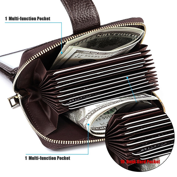 KB192 Buckle Zipper Cowhide Leather Organ Shape Multiple Card Slots Anti-magnetic RFID Wallet Clutch Bag for Men(Black)