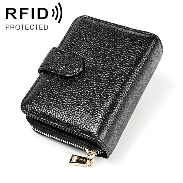 KB192 Buckle Zipper Cowhide Leather Organ Shape Multiple Card Slots Anti-magnetic RFID Wallet Clutch Bag for Men(Black)