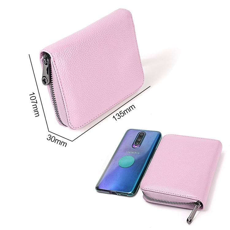 KB195 Zipper Cowhide Leather Double Row Organ Shape Multiple Card Slots Anti-magnetic RFID Wallet Clutch Bag for Ladies(Rose Red)