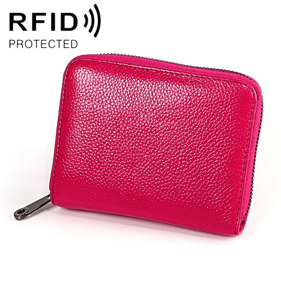 KB195 Zipper Cowhide Leather Double Row Organ Shape Multiple Card Slots Anti-magnetic RFID Wallet Clutch Bag for Ladies(Rose Red)