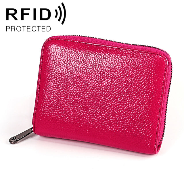 KB195 Zipper Cowhide Leather Double Row Organ Shape Multiple Card Slots Anti-magnetic RFID Wallet Clutch Bag for Ladies(Rose Red)