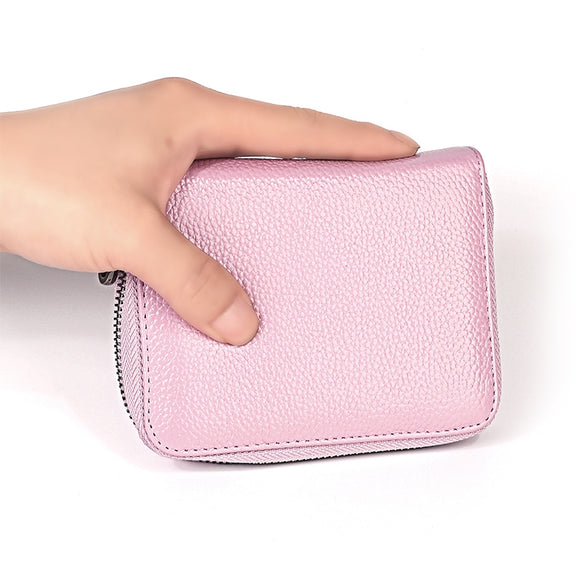 KB195 Zipper Cowhide Leather Double Row Organ Shape Multiple Card Slots Anti-magnetic RFID Wallet Clutch Bag for Ladies(Rose Red)