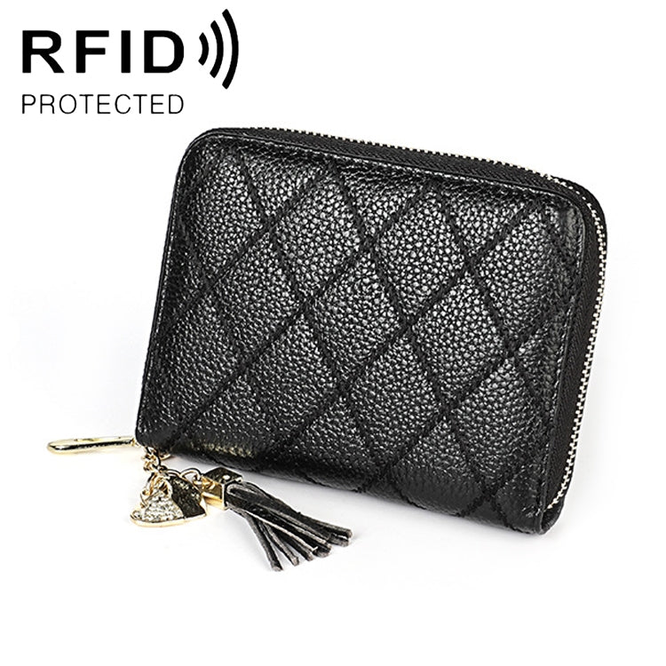 KB213 Diamond Texture Zipper Cowhide Leather Double Row Organ Shape Multiple Card Slots Anti-magnetic RFID Wallet Clutch Bag for Ladies (Black) - free shipping - PMC TechLife - Order now!