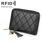 KB213 Diamond Texture Zipper Cowhide Leather Double Row Organ Shape Multiple Card Slots Anti-magnetic RFID Wallet Clutch Bag for Ladies (Black)