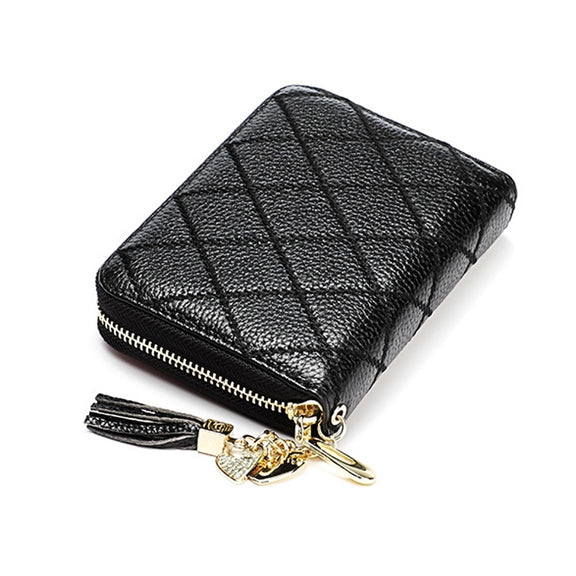 KB213 Diamond Texture Zipper Cowhide Leather Double Row Organ Shape Multiple Card Slots Anti-magnetic RFID Wallet Clutch Bag for Ladies (Black)
