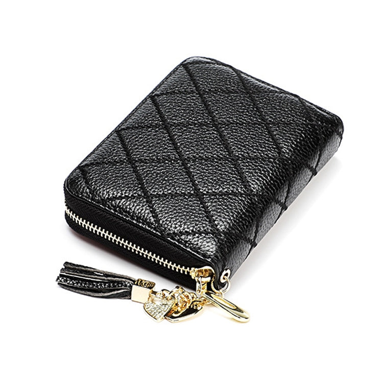 KB213 Diamond Texture Zipper Cowhide Leather Double Row Organ Shape Multiple Card Slots Anti-magnetic RFID Wallet Clutch Bag for Ladies (Black)