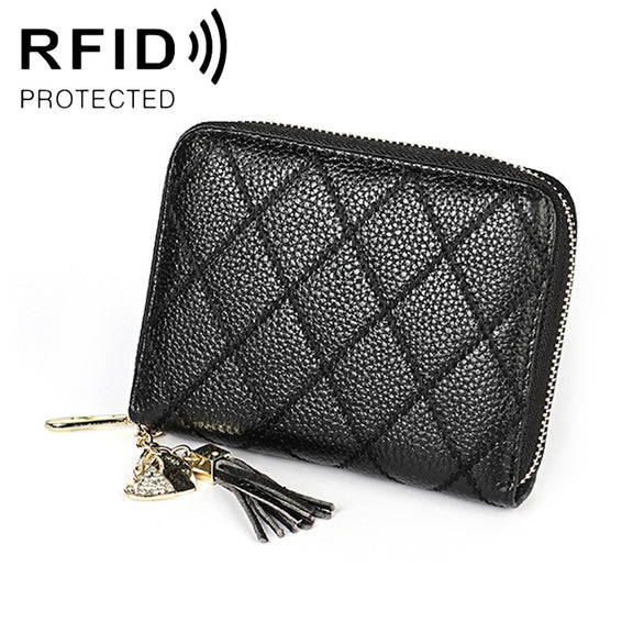 KB213 Diamond Texture Zipper Cowhide Leather Double Row Organ Shape Multiple Card Slots Anti-magnetic RFID Wallet Clutch Bag for Ladies (Black)