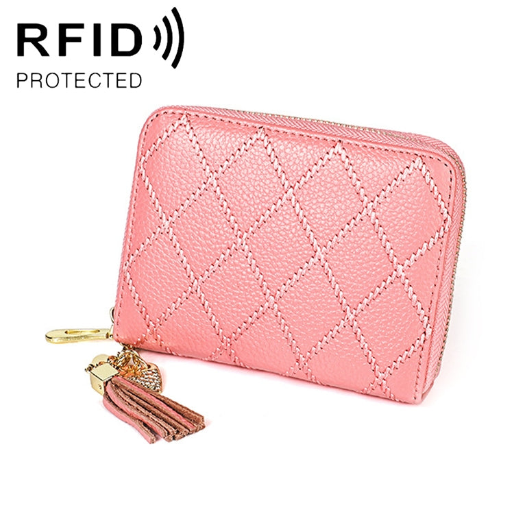 KB213 Diamond Texture Zipper Cowhide Leather Double Row Organ Shape Multiple Card Slots Anti-magnetic RFID Wallet Clutch Bag for Ladies (Pink) - free shipping - PMC TechLife - Order now!