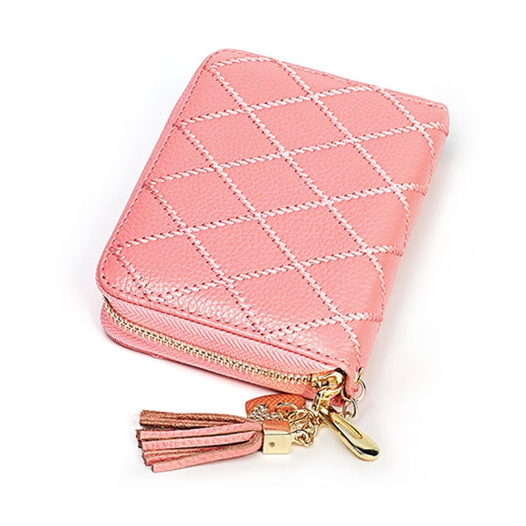 KB213 Diamond Texture Zipper Cowhide Leather Double Row Organ Shape Multiple Card Slots Anti-magnetic RFID Wallet Clutch Bag for Ladies (Pink)