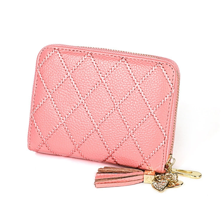 KB213 Diamond Texture Zipper Cowhide Leather Double Row Organ Shape Multiple Card Slots Anti-magnetic RFID Wallet Clutch Bag for Ladies (Pink)