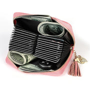KB213 Diamond Texture Zipper Cowhide Leather Double Row Organ Shape Multiple Card Slots Anti-magnetic RFID Wallet Clutch Bag for Ladies (Pink)
