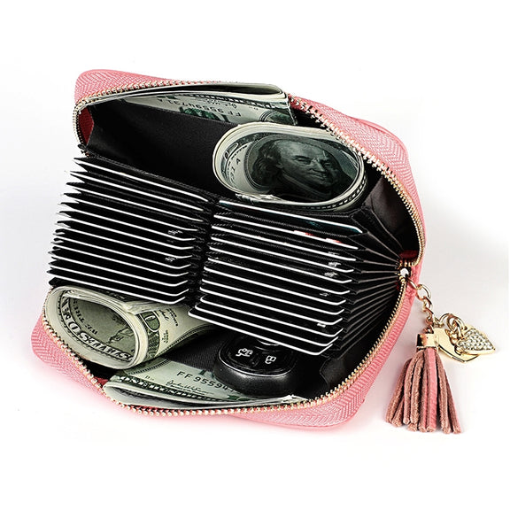 KB213 Diamond Texture Zipper Cowhide Leather Double Row Organ Shape Multiple Card Slots Anti-magnetic RFID Wallet Clutch Bag for Ladies (Pink)