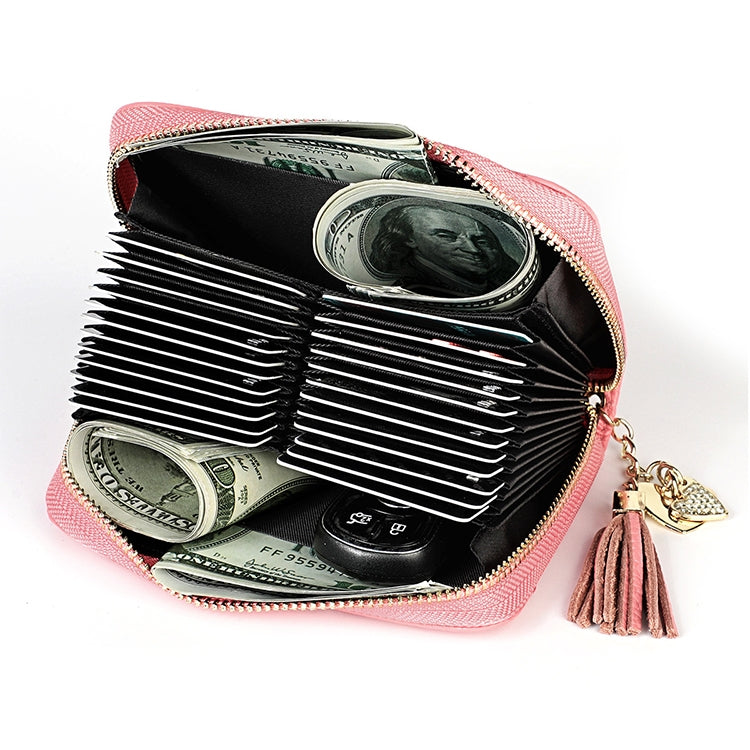 KB213 Diamond Texture Zipper Cowhide Leather Double Row Organ Shape Multiple Card Slots Anti-magnetic RFID Wallet Clutch Bag for Ladies (Pink)