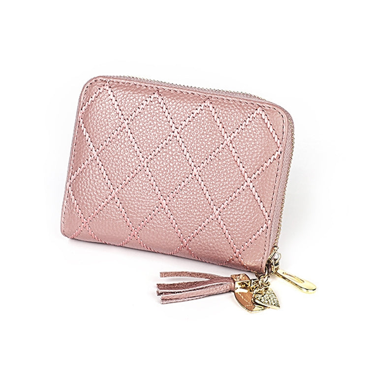 KB213 Diamond Texture Zipper Cowhide Leather Double Row Organ Shape Multiple Card Slots Anti-magnetic RFID Wallet Clutch Bag for Ladies (Light Pink)