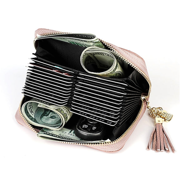 KB213 Diamond Texture Zipper Cowhide Leather Double Row Organ Shape Multiple Card Slots Anti-magnetic RFID Wallet Clutch Bag for Ladies (Light Pink)