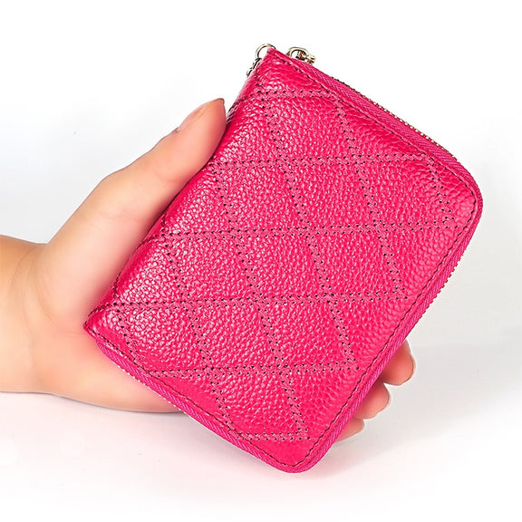 KB213 Diamond Texture Zipper Cowhide Leather Double Row Organ Shape Multiple Card Slots Anti-magnetic RFID Wallet Clutch Bag for Ladies (Light Pink)