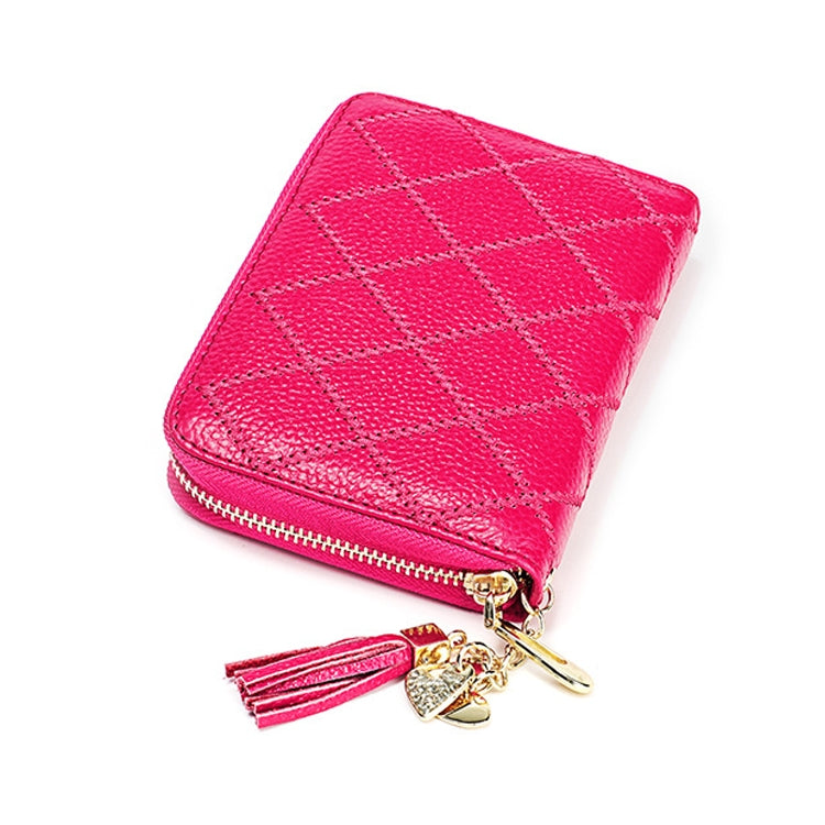 KB213 Diamond Texture Zipper Cowhide Leather Double Row Organ Shape Multiple Card Slots Anti-magnetic RFID Wallet Clutch Bag for Ladies (Rose Red)
