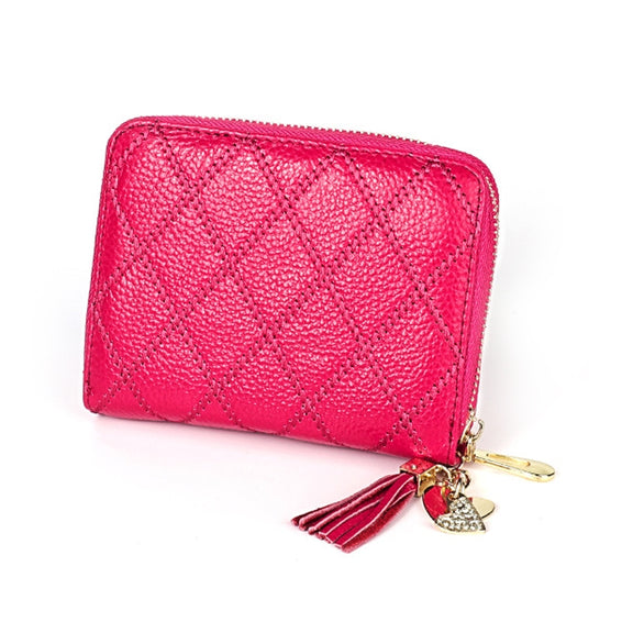 KB213 Diamond Texture Zipper Cowhide Leather Double Row Organ Shape Multiple Card Slots Anti-magnetic RFID Wallet Clutch Bag for Ladies (Rose Red)
